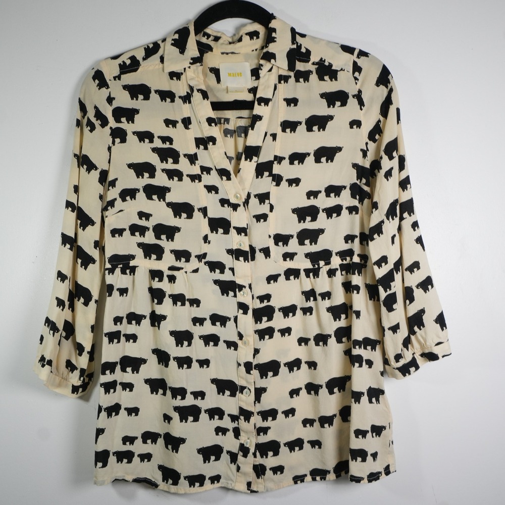 Maeve Bear Print Blouse Women 6 Cream Black Anthropologie Button Down 3/4 Sleeve - Picture 2 of 9